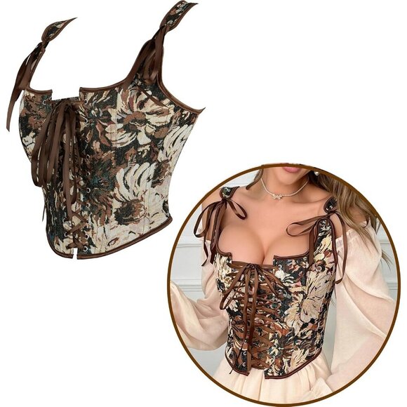 Women Vintage Lace-Up Corset Top Floral Jacquard Bustier Shapewear Crop - Picture 8 of 9